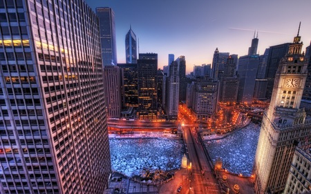 Skyscrapers - sky, buildings, skyscrapers, skyline, river, beautiful, clock, architecture, city, colors, bridge, sunrise, lights