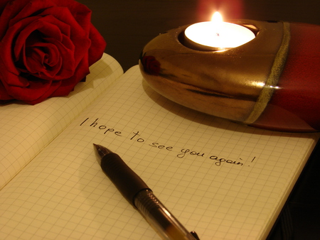 Candle and Rose - candle, roses, candles, light, rose, pen, lovely, notebook, nature, romantic, red, beautiful, romance, flowers