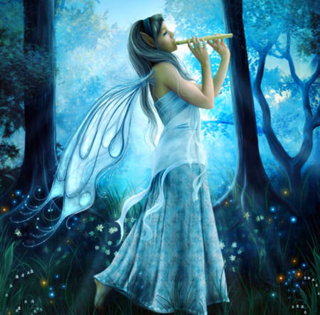 The fairy song - woman, women, flute, beauty, sky, magic, wings, fantasy, art, elf, forests, girl, magical, song, night, abstract, woods, forest, blue, fairy