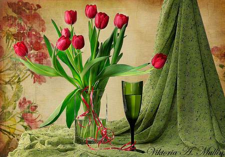 still life - beautiful, photography, still life, bouquet, harmony, flowers, flower vase, tulips, red, glass