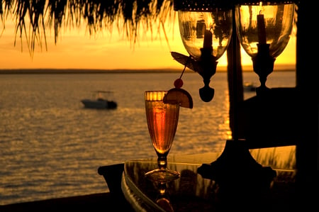 Coktail in the Evening - coktail, beach, romatic, ocean, palm