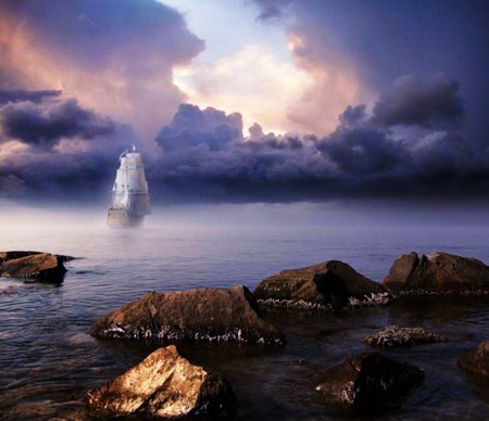 Lost forever The Flying Dutchman - sky, light, doomed, rocks, flying dutchman, sails, clouds, blue, sea