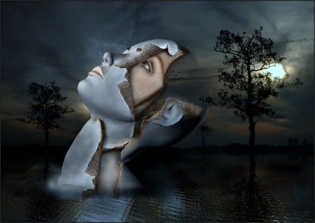 Moulting - woman, moon, water, fantasy, head