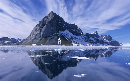 ICY BLUE - sky, ocean, mountain, reflection, clouds, blue, icy