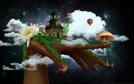 ON TOP OF THE WORLD - clouds, house, hand, butterflies, mushrooms, sky