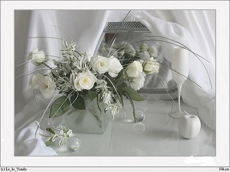 Classic  white - china, roses, water, vase, white, ceramics, satin, petals, beautiful, flowers, apple