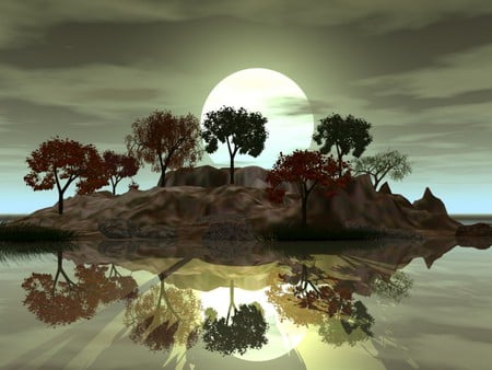 MOON BEHIND THE TREES - moon, sky, trees, reflection, clouds, island