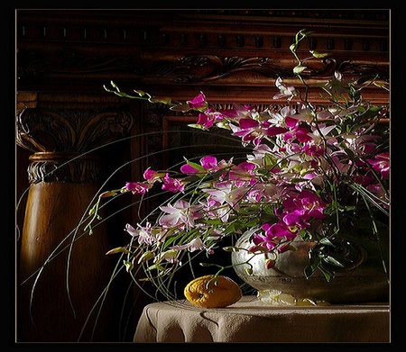 Splendor - flowers, vase, gorgeous, table, apple, pillar, still life