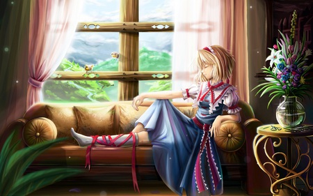 Alice Resting - pillow, reclining, alice margatroid, couch, vase, touhou, window, anime, flowers, birds