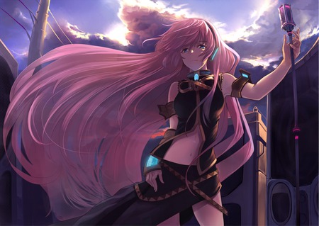 Luka - clouds, anime, vocaloid, speakers, microphone, microphone stand, megurine luka, pink hair, sky