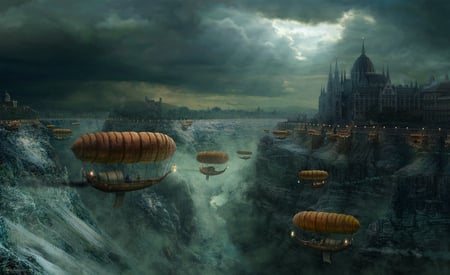 balloon ships - sky, water, balloon, fantasy, cg, ship, dark, castle, 3d, clouds, sea, fly