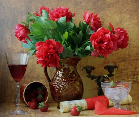 still life - strawberries, cream, red candles, photography, beauty, kettle, flower bouquet, still life, drink, harmony, flowers, music, peony, cup