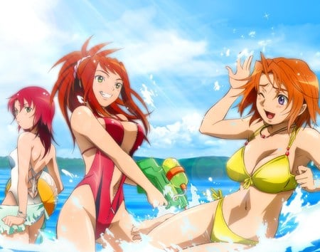 Mai Hime - clouds, water, beach, swim suit, sea, girls, mai hime, bikini, cute, splash, sky