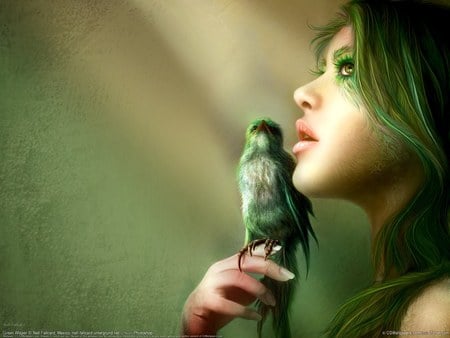 FantasyGirl - wallpaper, feathers, fine, goddess, fantasy, eye, girl with bird, soft, anime, teen, fantasy art, lovely, hair, painting, friend, beautiful, dreams, life, girl, lady, woman, feather, face, bird, beauty, art, detail, birl, nice, sparrow, woma, princess, green