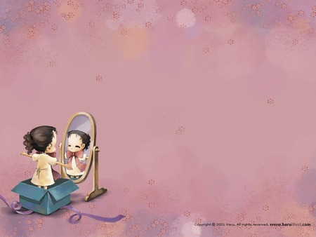 girl&mirror - girl, box, mirror, cartoon, anime, cute