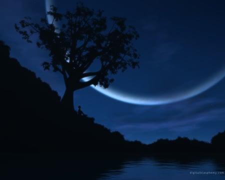 Moon over Hill - hill, moon, tree