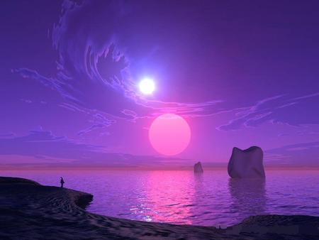 moon-light - moon, water, blue, sea, pink, nature, purple, 3d, sky