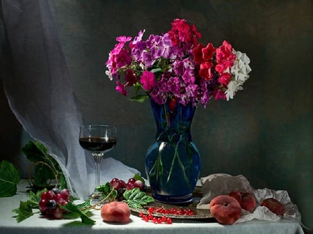 Fruit and wine - peaches, wine, flowers, berries, wineglass, vase, plate, colors