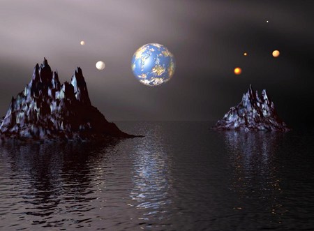 From there to here - moon, jagged rocks distance, solar system, water, space, planet, earth