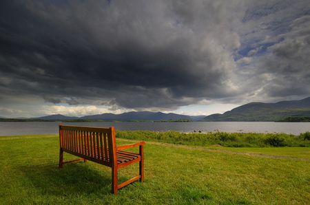 Storm cumin - storm, water, bench, lake, grass, sky