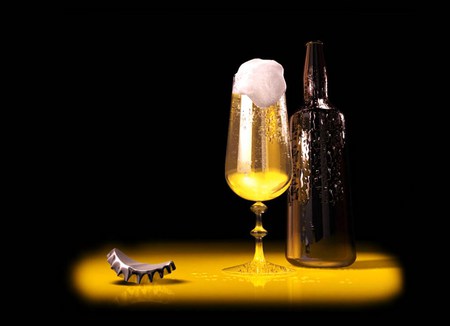 A cold one - beer, bottle, black background, foam, brown, table, cap, glass