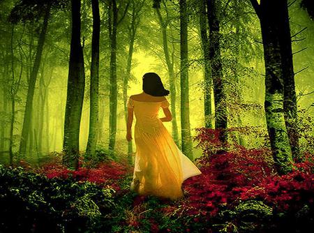 The yellow dress - yellow dress, sunlight, trees, green light, woman, forest, red flowers