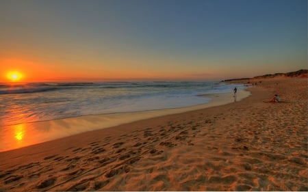 summer beach - yellow, summer, blue, beach, ocean, lovely, orange, sand, colorful, sunset, sun, sky