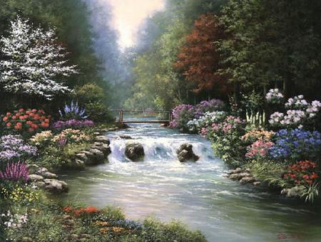 Nature Sounds - flowers, trees, blossoms, water, waterfall, creek, stones, bridge