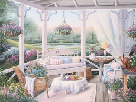 Lounging Around - rug, bench, chairs, table, water can, patio, lamp, wooden floor, pond, frame, curtains, cushion, hanging plants, fruits, plants, tea pot, flowers, plate