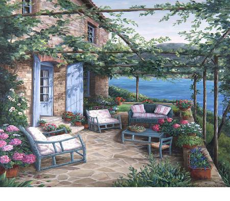 Provence - windows, tile, water, wicker chairs, flower pots, door, table, trellis, house, wicker sofa, vines