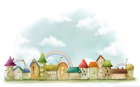 Digital painting - clouds, house, drawing, rainbow, painting, digital