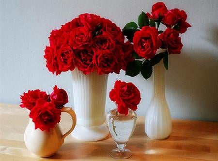 Can't get  enough - white, clear vase, red roses, table, vases