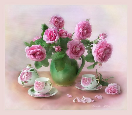 still life - glasses, roses, photography, rose, still life, flower bouquet, beautiful, pot, flowers, harmony