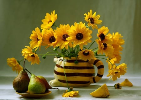 still life - yellow, beautiful, photography, flower, still life, bouquet, jug, harmony, flowers, pear, fruit, lemon