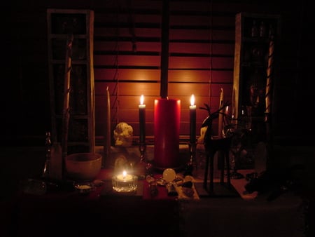 Cool Yule - flames, oddments, candles, table, wooden blinds