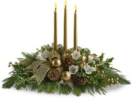 Golden Candles - flames, pine cones, greenery, golden candles, ribbon, flowers, christmas