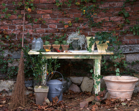 Rustic Gardening - pots, candles, bricks, bench, plants, watering can, vine, broom, leaves, flowers, stones, bottles