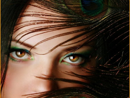 Striking Eyes - skin, wispy, brown, eyes, hair, make-up, nose, green, face