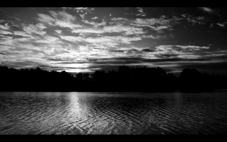 Sunrise over Water - reflections, black, white, water, bw, sunrise