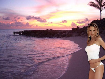 Ready for a dip at sunset - white, sunset, beach, girl, sexy