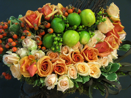 Roses and fruit - orange, still life, roses, peach