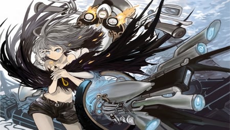 tagme - motorcyle, blue eyes, anime, black wings, gray hair