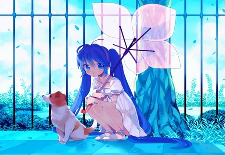 Miku - anime, vocaloid, dog, hatsune miku, umbrella, miku, summer dress, blue hair, blue eyes