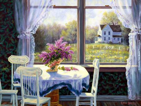 Window - curtain, flowers, kitchen, tables