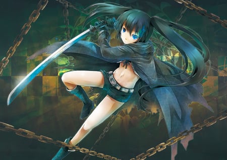 BRS - black rock shooter, anime, chain, black hair, sword, brs, blue eyes