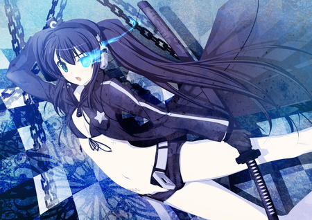 BRS - anime, chain, sword, long hair, black rock shooter, headphones, brs, sexy, blue eyes