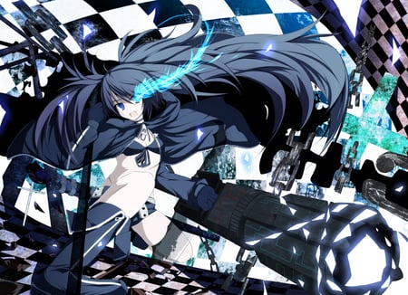 BRS - black rock shooter, anime, twintails, gun, black hair, sword, brs, blue eyes