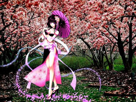 Blossoms - abstract, blossoms, girl, anime, tree