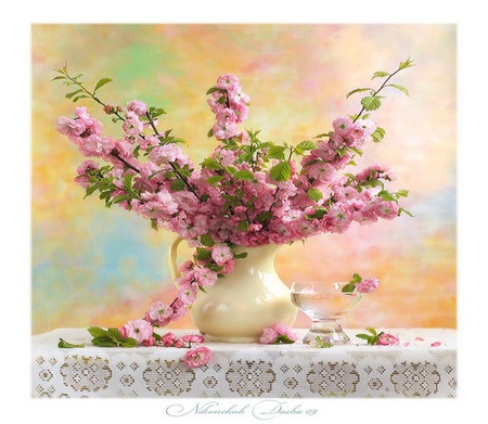 Beautiful - white, bowl, petals, flowers, vase, tablecloth, crystal