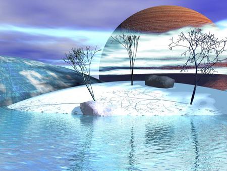 3D Landscape - sky, lake, trees, abstract, colours, clouds, 3d, island, planet